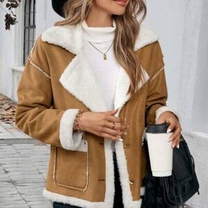 Tan Faux Suede Sherpa-Lined Jacket Cozy Button Front Coat